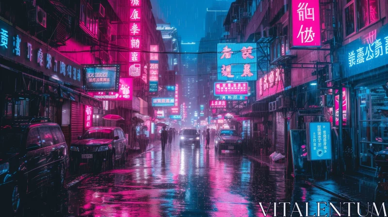 Cyberpunk City Street in Rain with Neon Lights AI Image