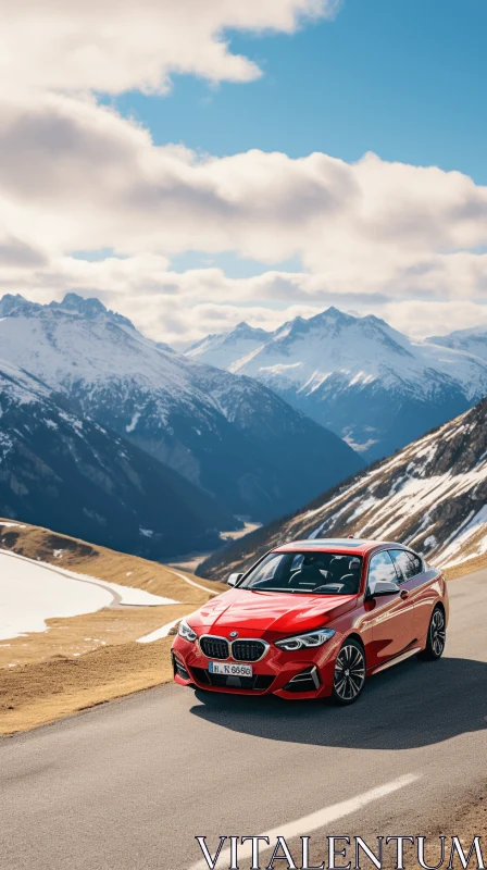 AI ART Red BMW 3 Series Driving near Snow-Covered Mountains - A Captivating Image