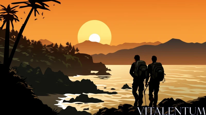 Tranquil Beach Sunset with Hikers and Palm Trees AI Image