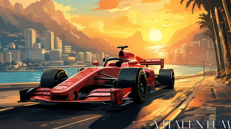 Formula 1 Car Racing at Sunset on Coastal Road AI Image