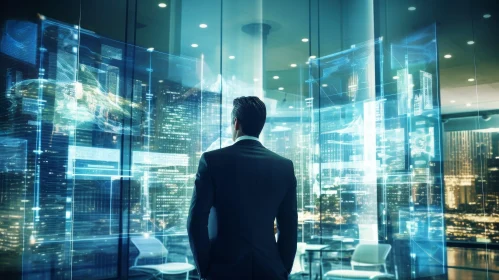 Modern Office Scene: Man Contemplating Future in Futuristic City Setting