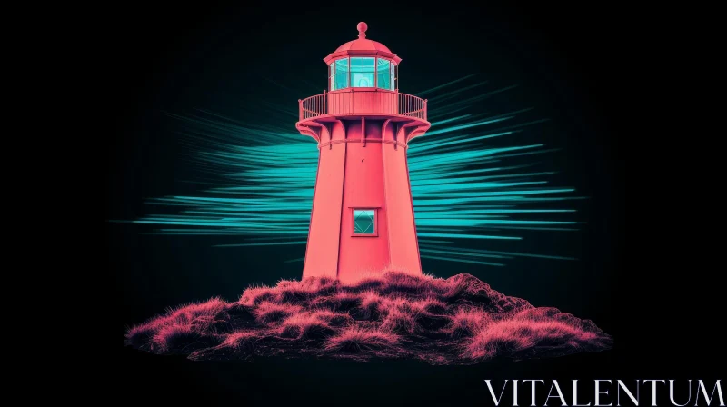 Pink Lighthouse on Rocky Island - 3D Rendering AI Image