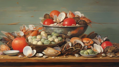 Exquisite Still Life of Wooden Table with Lobster and Tomatoes