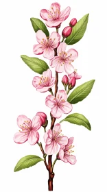 Pink Cherry Blossom Branch Illustration on White Background