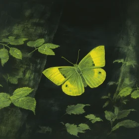 Yellow Butterfly in Forest - Oil on Canvas Painting