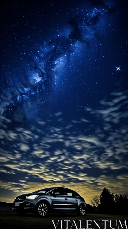 Ethereal Car Under Starry Sky: Dark Indigo and Sky-Blue AI Image