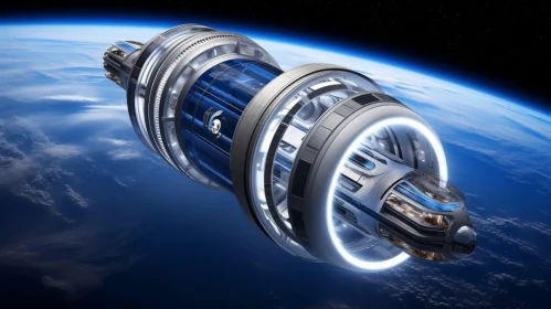Futuristic Spaceship Cylinder against Earth Background