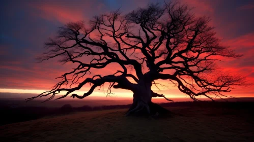 Majestic Tree Silhouetted Against Setting Sun
