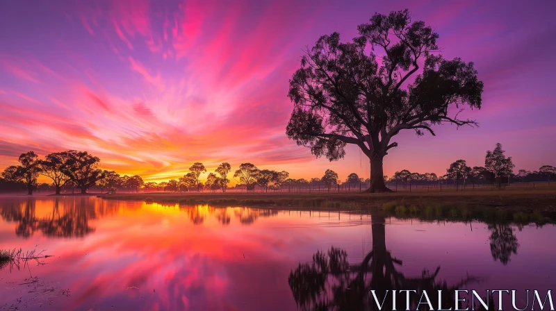 Tranquil Sunset Over Lake with Majestic Tree AI Image