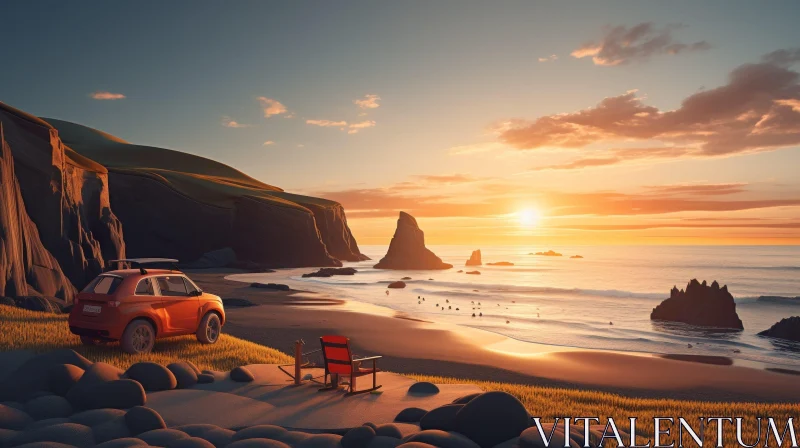 Red Car on Cliff Overlooking Ocean at Sunset AI Image