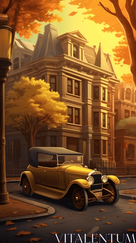 Golden Car in Autumn City | 2D Game Art Wallpaper AI Image