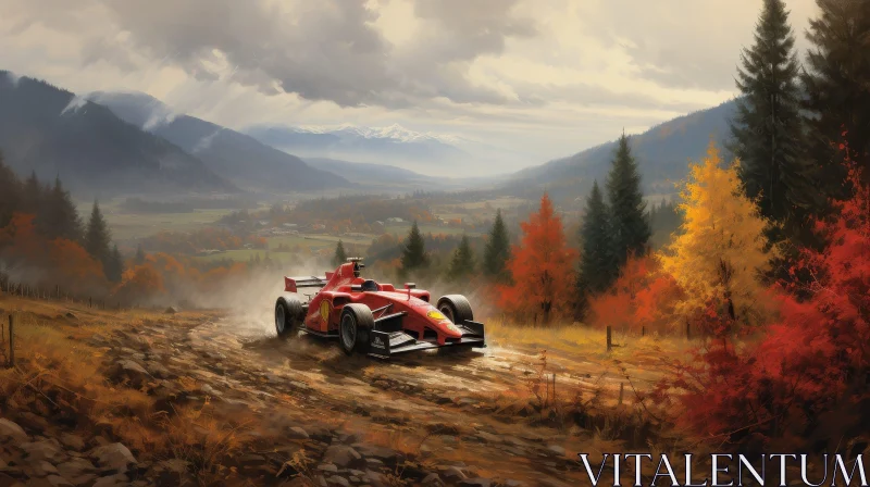 Red Formula 1 Car Racing in Mountains AI Image