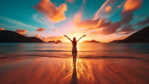 Woman on Beach at Sunset - Serene Tropical Scene