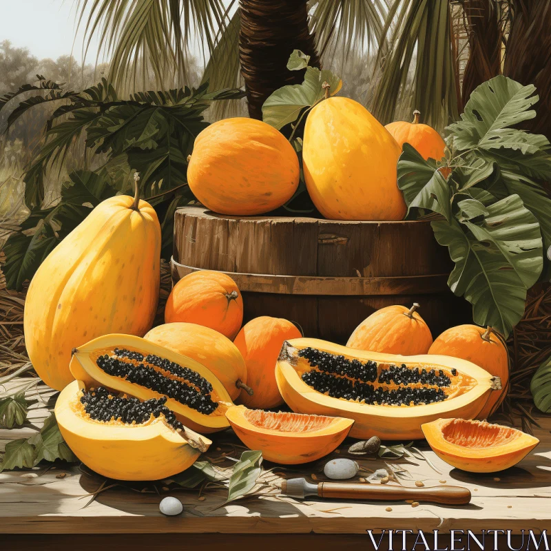 Captivating Still Life Painting of Exotic Fruits on a Wooden Table AI Image