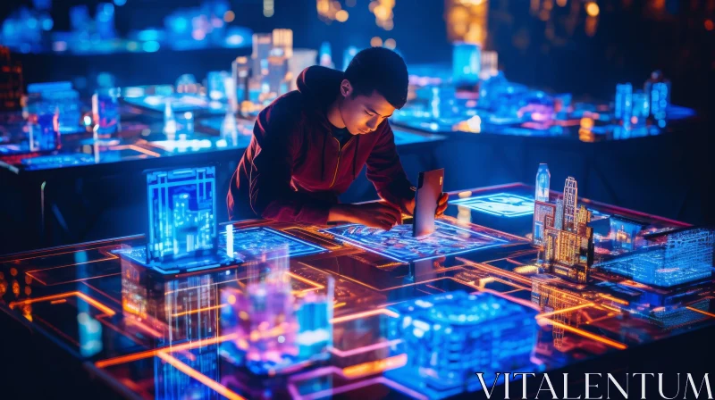 Futuristic Technology: Young Man Working on Virtual City Model AI Image