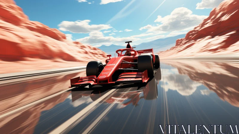 Red Formula 1 Racing Car in Desert Landscape AI Image