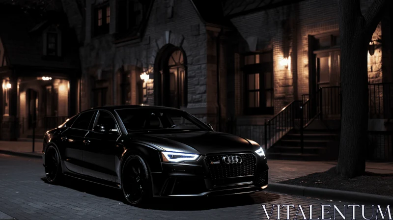 Sleek Black Car Parked in City Street at Night | Dramatic Architecture AI Image