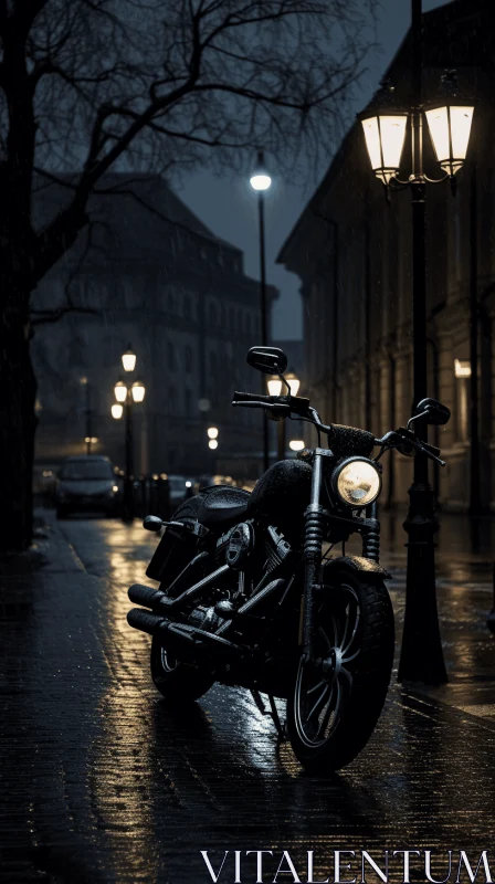 Mysterious Gothic Motorcycle Parked in the Rain - Urban Landscape AI Image