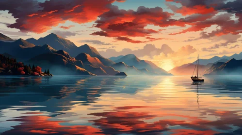 Serene Lake Landscape Painting with Snow-Capped Mountains