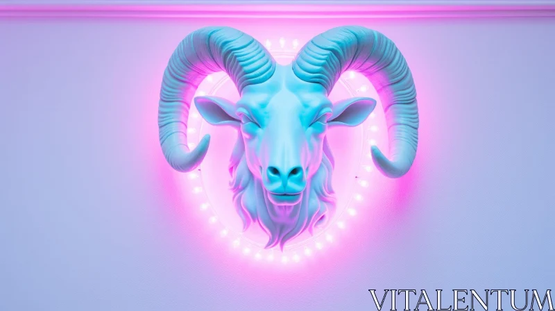 AI ART Blue Ram Sculpture with Pink Neon Glow