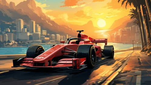 Formula 1 Car Racing at Sunset on Coastal Road