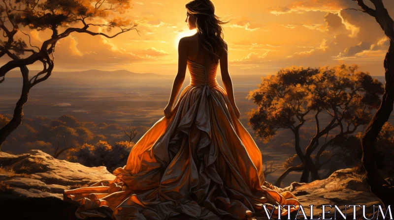 Golden Dress Woman at Sunset Cliff AI Image