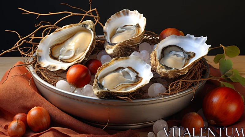 Metal Bowl of Oysters on Wooden Table AI Image