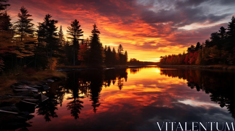 Tranquil Sunset Over Lake with Colorful Trees AI Image