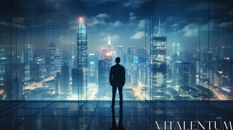 AI ART Urban Night View: Man in Suit on City Rooftop