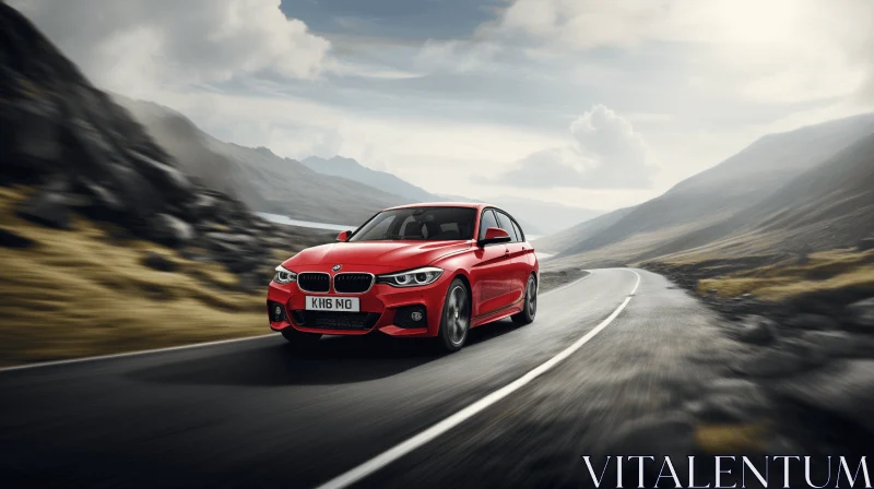 Red BMW M4 Saloon Driving Down Road | Dynamic Still Life AI Image