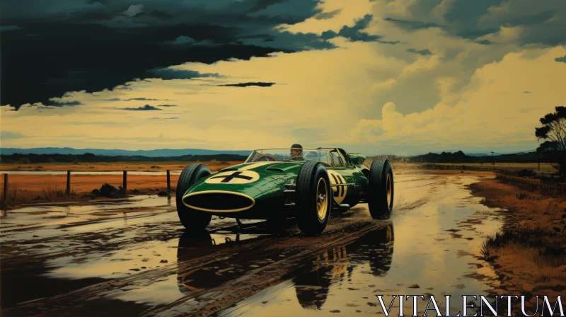 Vintage Green Race Car on Wet Road AI Image