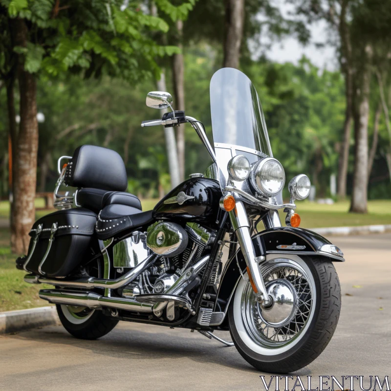 Black and Cream Motorcycle on Road Next to Trees | Chrome-Plated Style AI Image