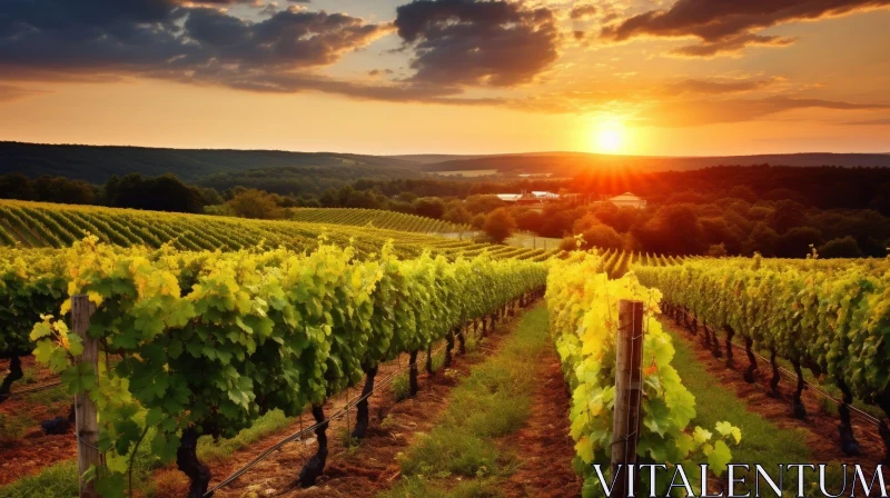 Golden Sunset Vineyard Landscape AI Image