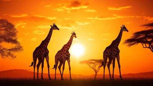 Graceful Giraffes in African Savanna at Sunset