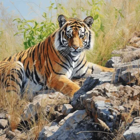 Tiger Resting on Rocky Ground: A Captivating Oil Painting