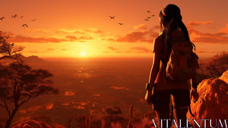 Young Woman on Cliff at Sunset AI Image