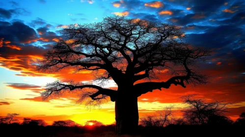 Baobab Tree Silhouetted Sunset in Grassy Field