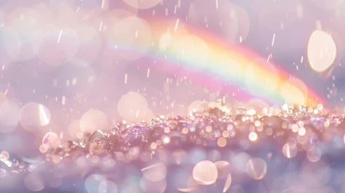 Rainbow Over Glittering Water Droplets in Nature