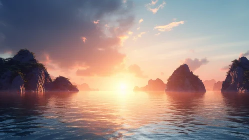 Tranquil Sunset Landscape of Rocky Islands in Ocean