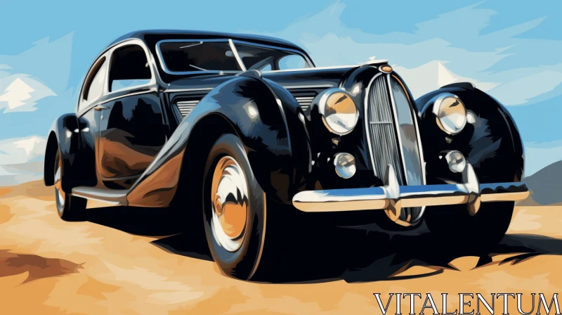 Vintage Car Painting at the Beach | Dark Black and Light Beige | Art Nouveau Style AI Image