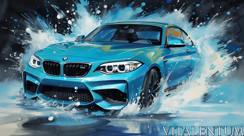Blue BMW M2 Splashing in Water - Highly Detailed Illustration AI Image