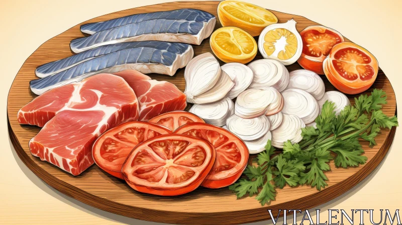 Exquisite Culinary Art - Digital Painting on Wooden Cutting Board AI Image