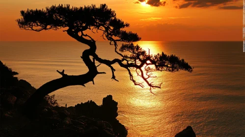 Tranquil Tree Silhouette at Sunset over Calm Sea