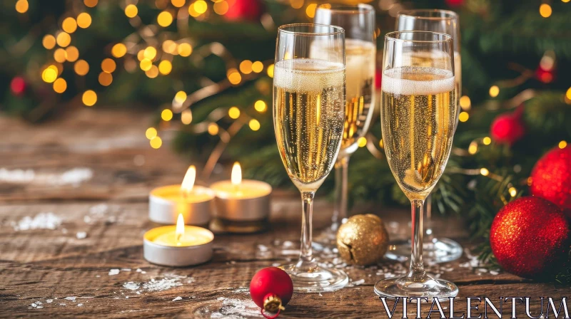 Festive Champagne Glasses and Christmas Tree Scene AI Image