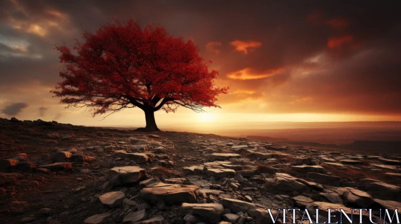 Lonely Tree on Rocky Hill at Sunset AI Image