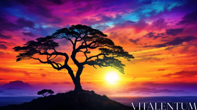 AI ART Majestic Tree Silhouetted at Sunset