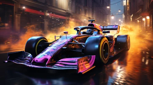 Speeding Formula 1 Race Car in City Street at Night