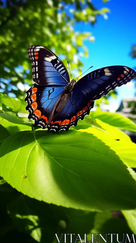 Photorealistic Blue Butterfly on Leaf Amidst Blue Sky AI Image