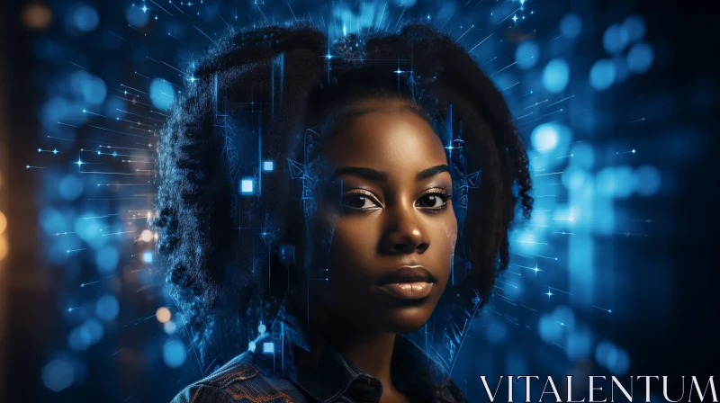 AI ART Serious African-American Woman Portrait in Blue Digital Pattern