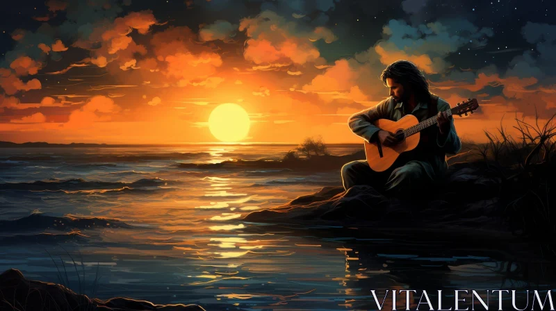 AI ART Sunset Serenade: Man Playing Guitar on Beach